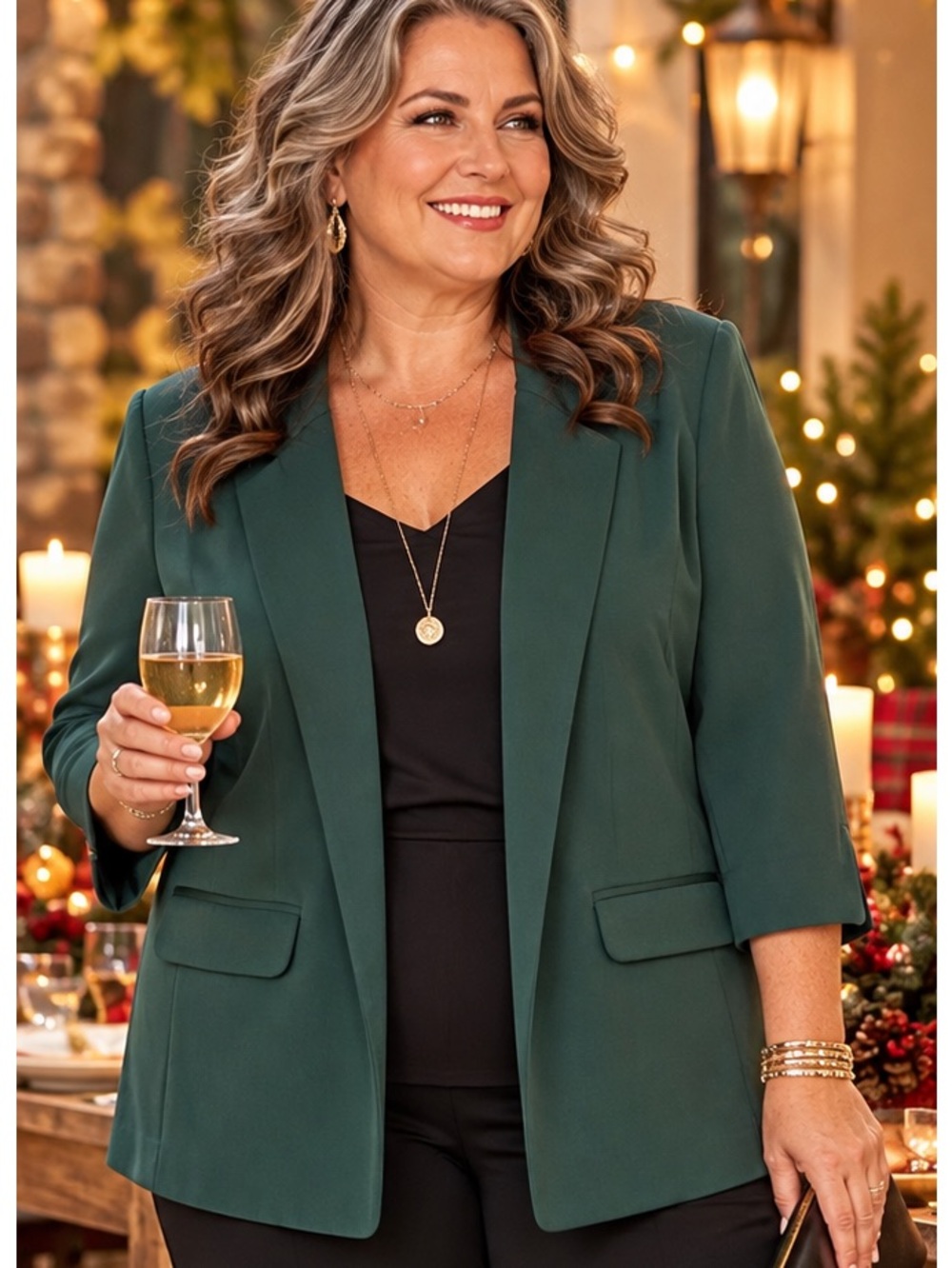 Skies Are Blue Women's Dark Green Tailored Open-Front Blazer